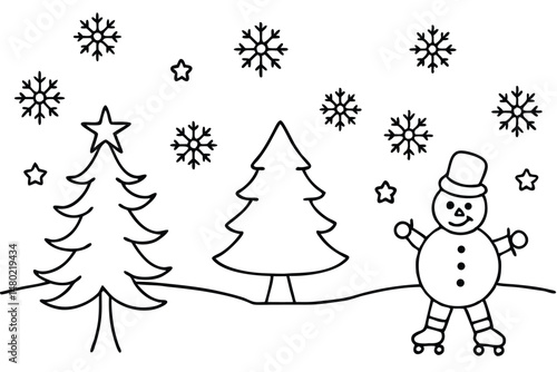 Line art depicts a snowman skating between two trees under falling snow