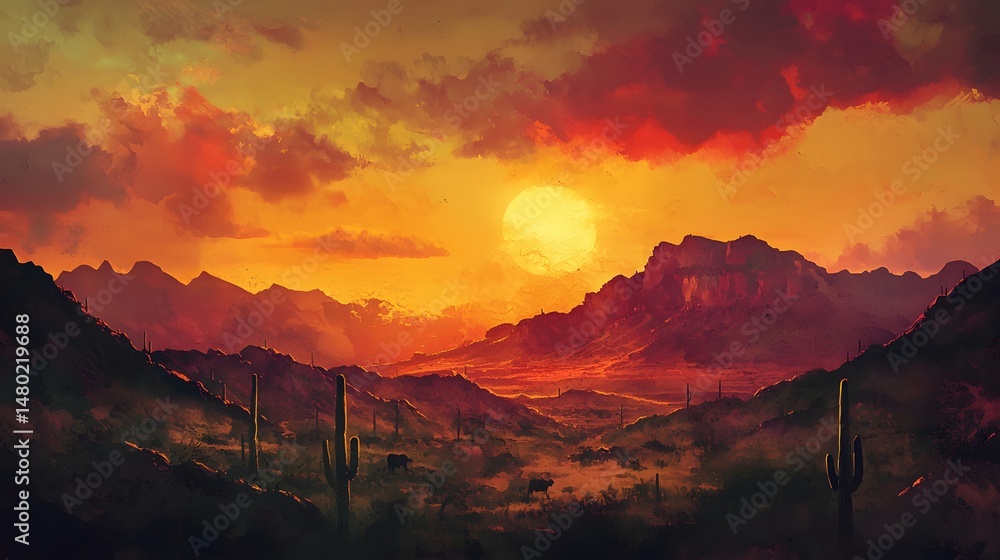 Naklejka premium Majestic Desert Sunset with Cacti and Vibrant Landscape View