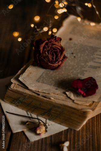 Bouquets of dried flowers with old vintage book on wooden nostalgic vintage background