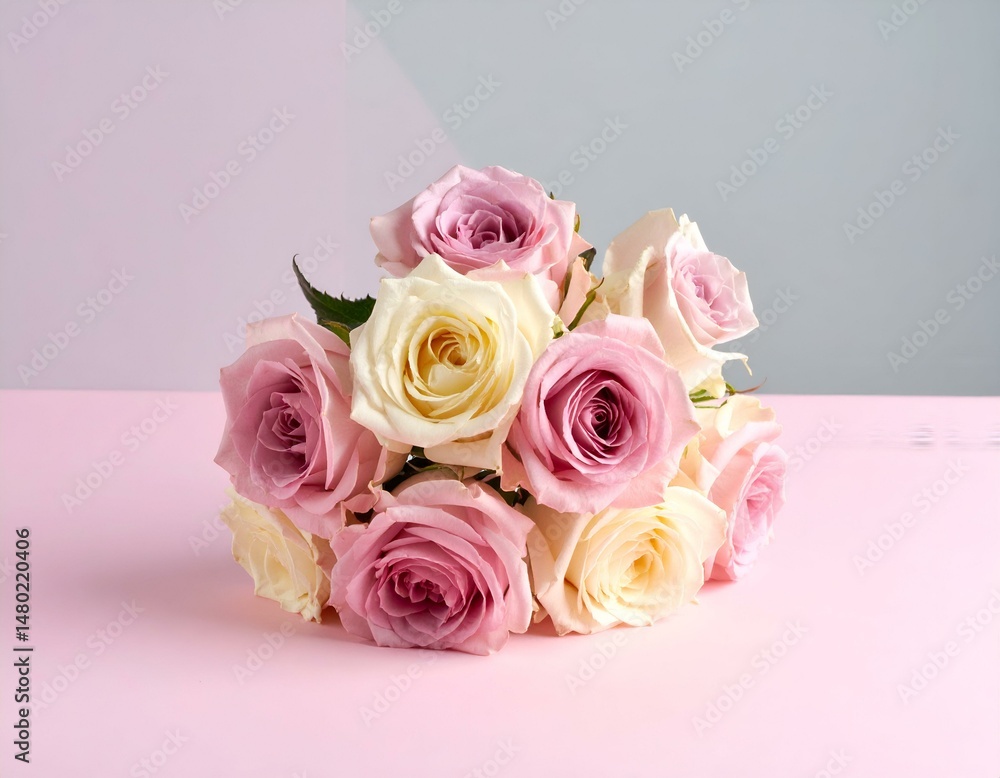 Fototapeta premium A bouquet of pastel pink and cream roses on a pink background. Perfect for Valentine's Day, Mother's Day, or wedding invitations.