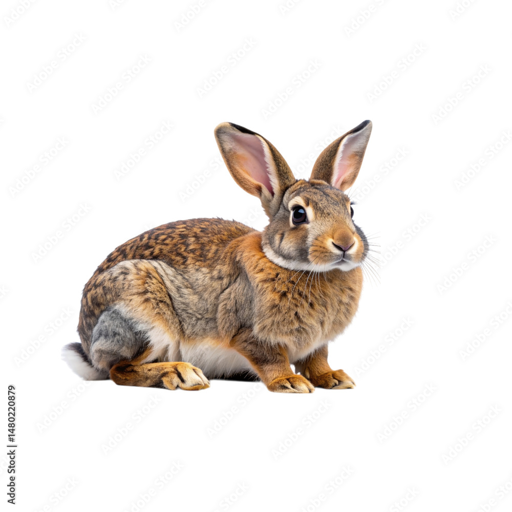 Fototapeta premium A brown rabbit with alert ears sits upright, showing detailed fur and expressive eyes.