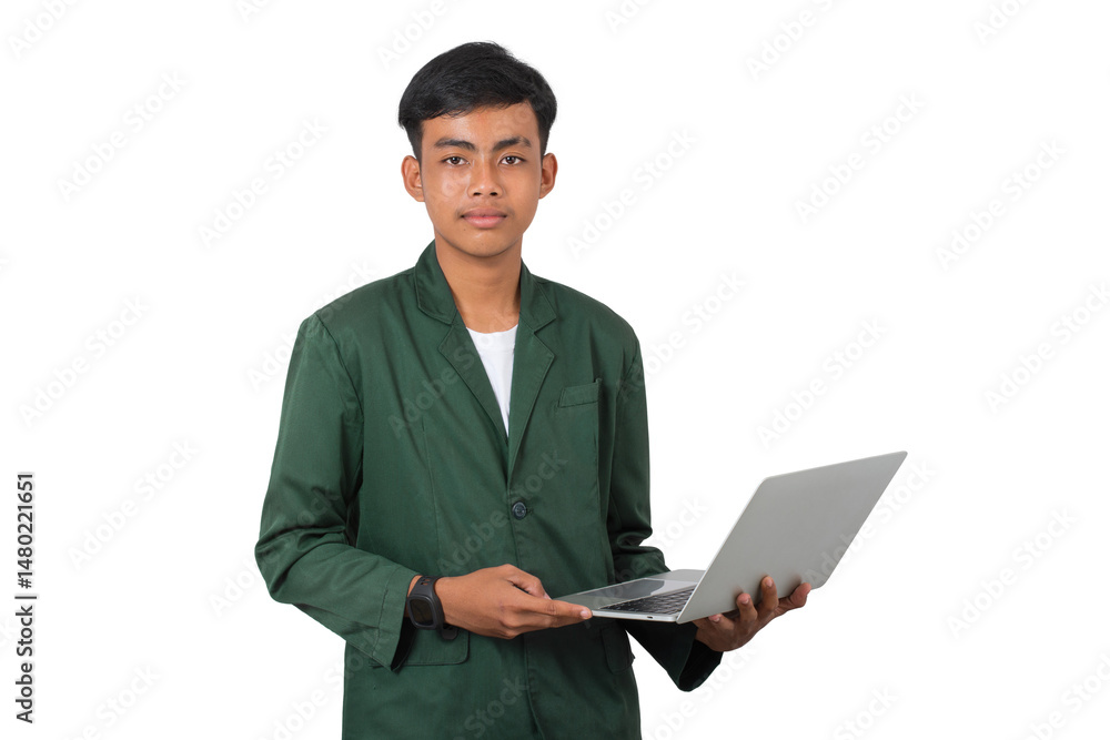 Portrait of smiling confident young college student with laptop isolated background Portrait of smiling confident young college student with laptop isolated background