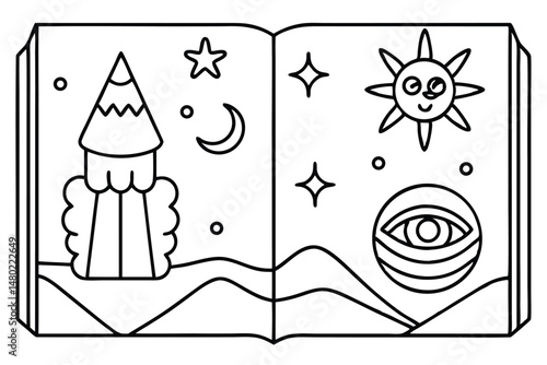 Open book shows mountain peak, star, moon, sun, eye symbol on pages, transparent background