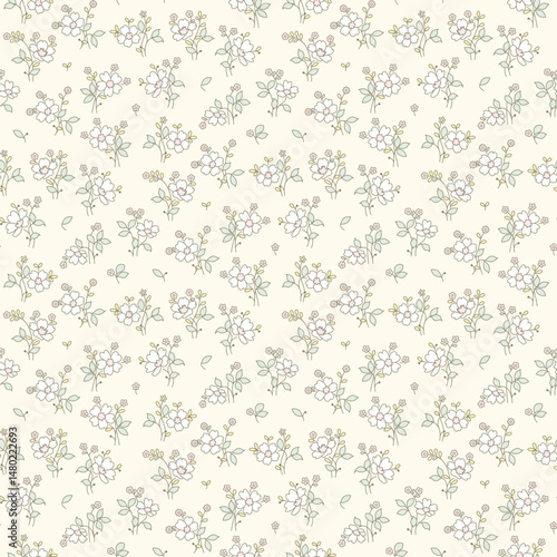 Flower print, seamless floral pattern, cute ditsy tile print, gentle flowers pattern. Small hand drawn flowers, green leaves, floral on light background, Botanical floral design for texture, fabric