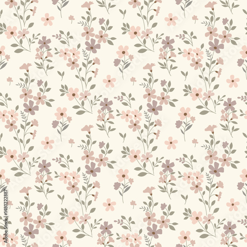 Flower print, seamless floral pattern, cute ditsy tile print, gentle flowers pattern. Small hand drawn flowers, green leaves, floral on light background, Botanical floral design for texture, fabric