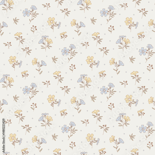 Flower print, seamless floral pattern, cute ditsy tile print, gentle flowers pattern. Small hand drawn flowers, green leaves, floral on light background, Botanical floral design for texture, fabric