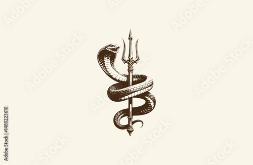Snake wrapped around a trident engraving style logo template