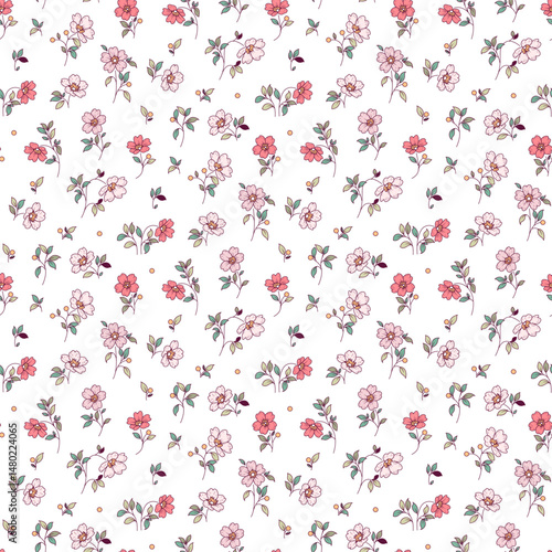 Flower pattern, ditsy floral seamless pattern. Small little flower on white  background. Repeat pattern. Ditsy print. Botanic surface design. Ditsy floral flower pattern for fashion, fabric, wrapping