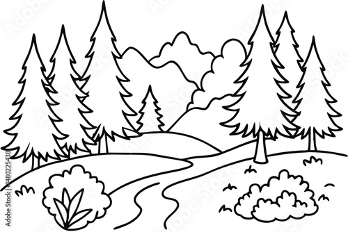 Outline forest scenery with evergreen trees, rolling hills, a path, and bushes awaits coloring