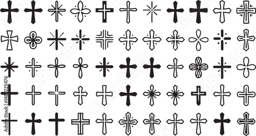 Comprehensive christian cross icon collection vector illustration encompassing various cross designs suitable for religious publications, church websites, and spiritual materials