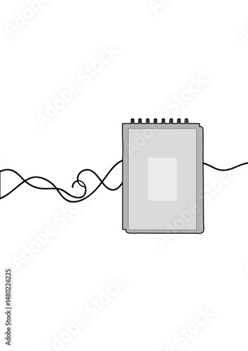 A minimalistic drawing of a audio cassette player with a thin wire attached, representing technology and simplicity. The cassette player is a symbol of music, nostalgia, and a bygone era