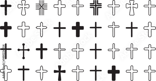 Traditional christian cross icon collection vector illustration highlighting classic symbols suitable for liturgical publications, religious education, and heritage projects