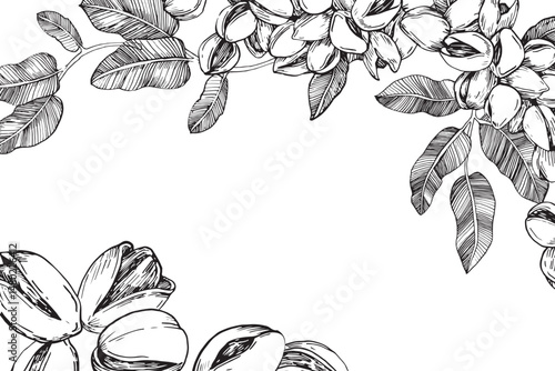 Pistachio branch border with nuts and leaves. Vector black and white illustration hand drawn with ink. Ripe fruits on a branch. Template for label design.