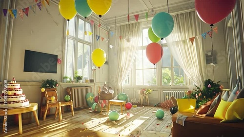 Sunlit room, post-party scene; balloons, cake, confetti, toys scattered