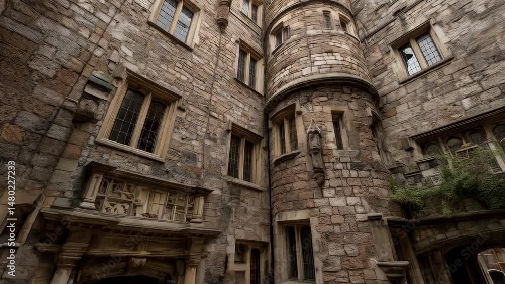 Dramatic low angle view of a stone castle tower and building facade with windows and detailed architecture in a courtyard setting. Dramatic low angle view of a stone castle tower and building facade with windows and detailed architecture in a courtyard setting.