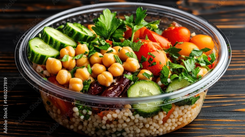 Fresh healthy colorful vegetable salad with tomatoes cucumbers parsley and chickpeas in a clear plastic container Fresh healthy colorful vegetable salad with tomatoes cucumbers parsley and chickpeas in a clear plastic container