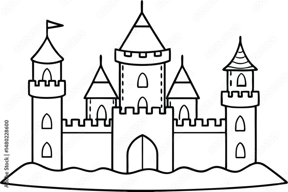 Outlined castle featuring towers, crenellations, and arched doorways sits upon an abstract lineart landscape Outlined castle featuring towers, crenellations, and arched doorways sits upon an abstract lineart landscape