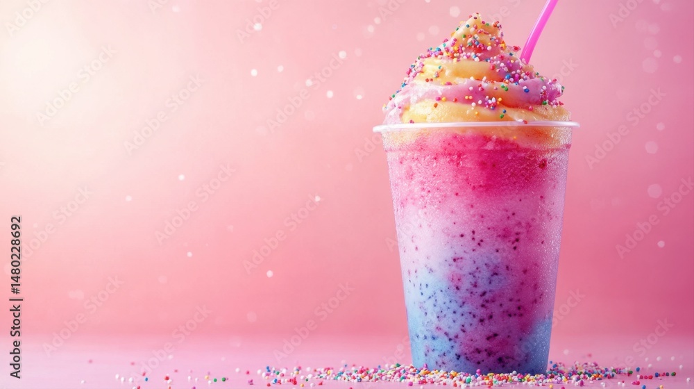 Colorful Frozen Dessert in Plastic Cup with Sprinkles and Straw on Bright Pink Background Colorful Frozen Dessert in Plastic Cup with Sprinkles and Straw on Bright Pink Background