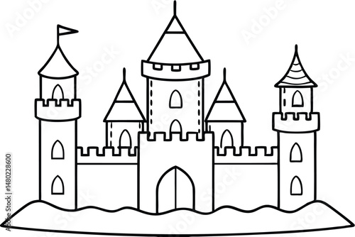 Outlined castle featuring towers, crenellations, and arched doorways sits upon an abstract lineart landscape