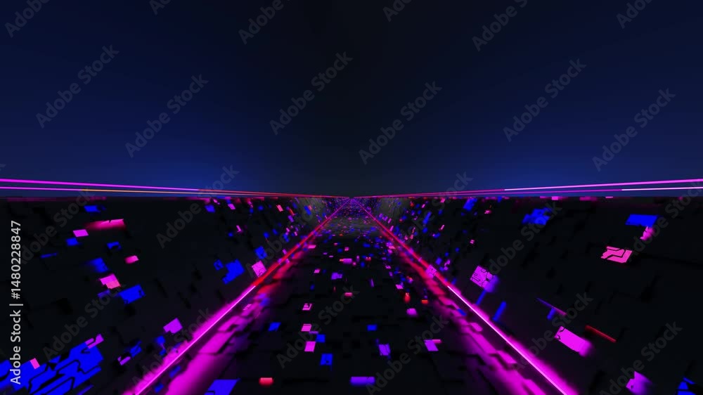 3D render of moving neon sci fi tunnel corridor
