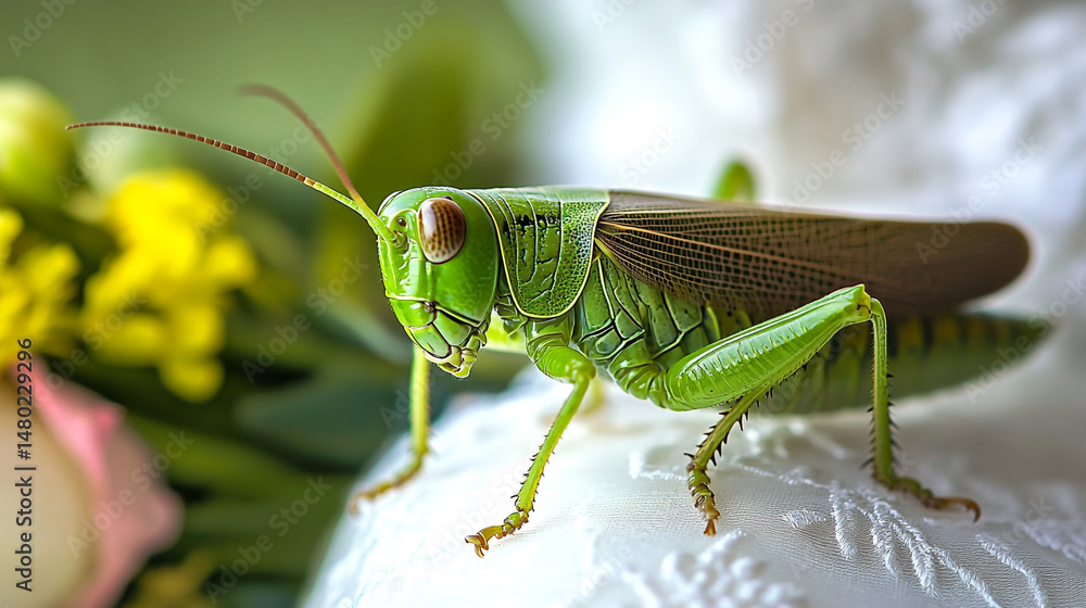 Fototapeta premium Vibrant Green Grasshopper on White Textile Closeup