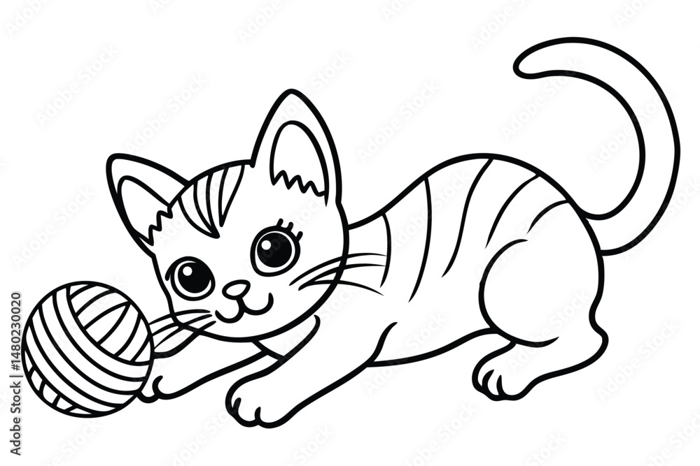 Outlined cute cartoon kitten playfully reaches for the yarn ball on a transparent background Outlined cute cartoon kitten playfully reaches for the yarn ball on a transparent background