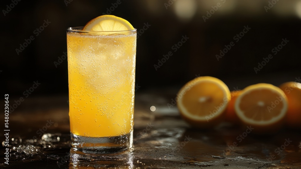 Fototapeta premium Refreshing Citrus Drink with Ice and Lemon Slice on a Wooden Surface