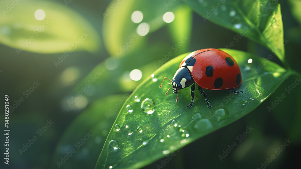 Fototapeta premium Ladybug on Dewy Green Leaf Nature Beauty