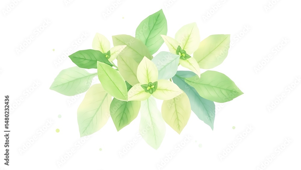 Fototapeta premium Fresh green leaves of a plant branch, isolated on white, showcase nature's spring growth and freshness in a closeup macro view