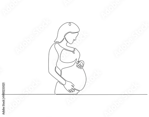 Continuous one line drawing of pregnant woman touching her belly. One line drawing illustration of woman pregnant. International mother day concept single line. Editable outline