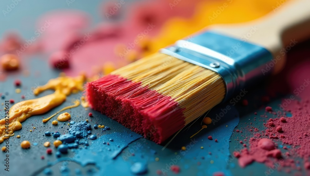 Fototapeta premium Close-up of worn paintbrush bristles, vibrant colors, colors, painting