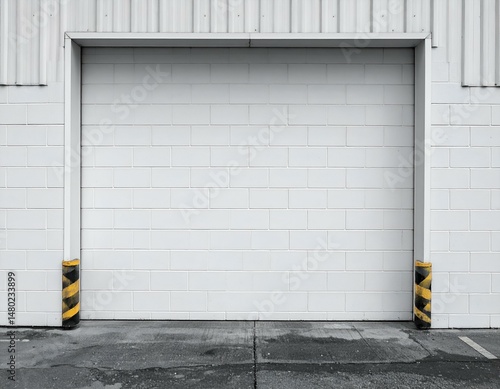 White brick wall with large white door, perfect for background or mockup.  Industrial setting.