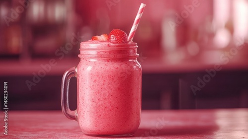 Refreshing Strawberry Smoothie in Glass Jar with Straw and Fresh Berries on Blurred Background