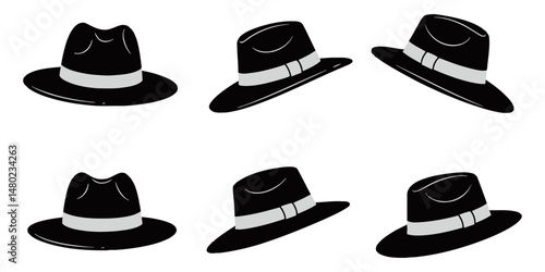 Set of vector illustrations of classic fedora hats in black with light bands, displayed in various angles. Perfect for fashion, retro, or vintage design elements.