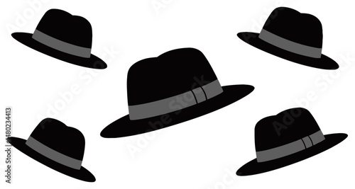 Set of vector illustrations of classic fedora hats in black with light bands, displayed in various angles. Perfect for fashion, retro, or vintage design elements.
