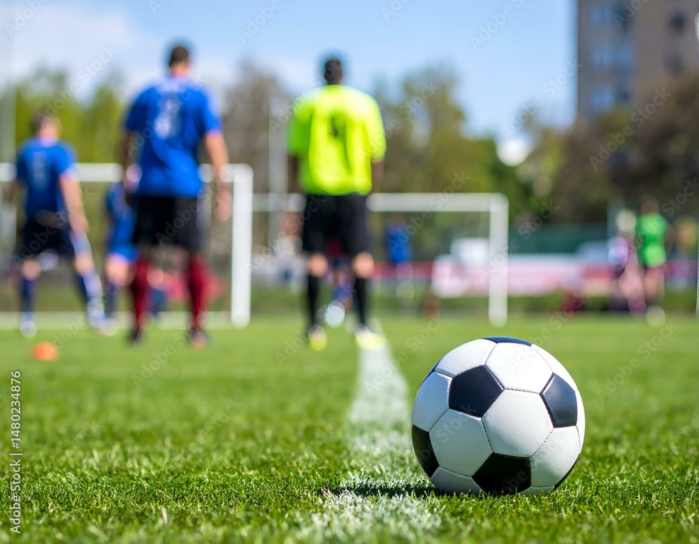 Soccer ball on a field with blurred players in the background. Ideal for sports, fitness, and activity themes. Soccer ball on a field with blurred players in the background. Ideal for sports, fitness, and activity themes.