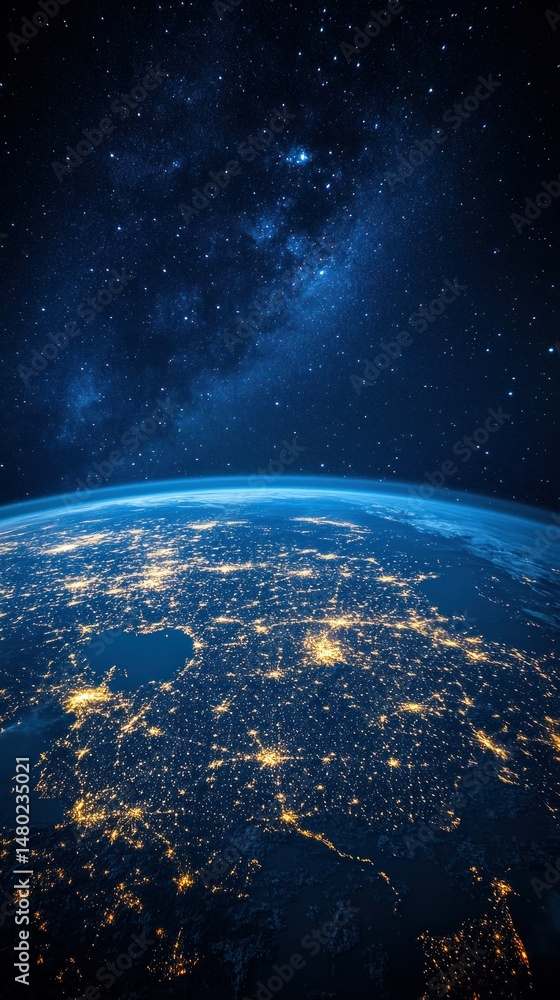 Obraz premium Earth at night, lit by city lights, seen from space, with a milky way background