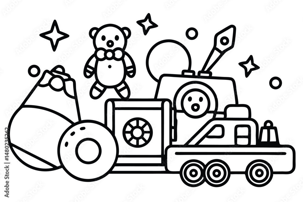 Obraz premium Simple line art outlines a toy truck pulling a trailer with a teddy bear