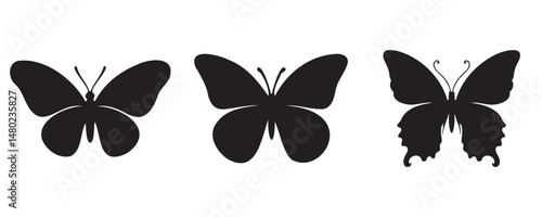 Set of three black butterfly silhouettes in various wing positions, isolated on a clean white background
