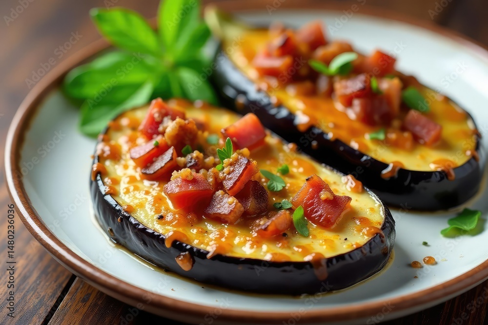 Grilled eggplant with bacon crumbles, close-up, gourmet, crumbles, texture Grilled eggplant with bacon crumbles, close-up, gourmet, crumbles, texture