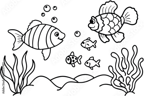 Smiling fish swim among seaweed, bubbles, and sandy seabed in a black outline