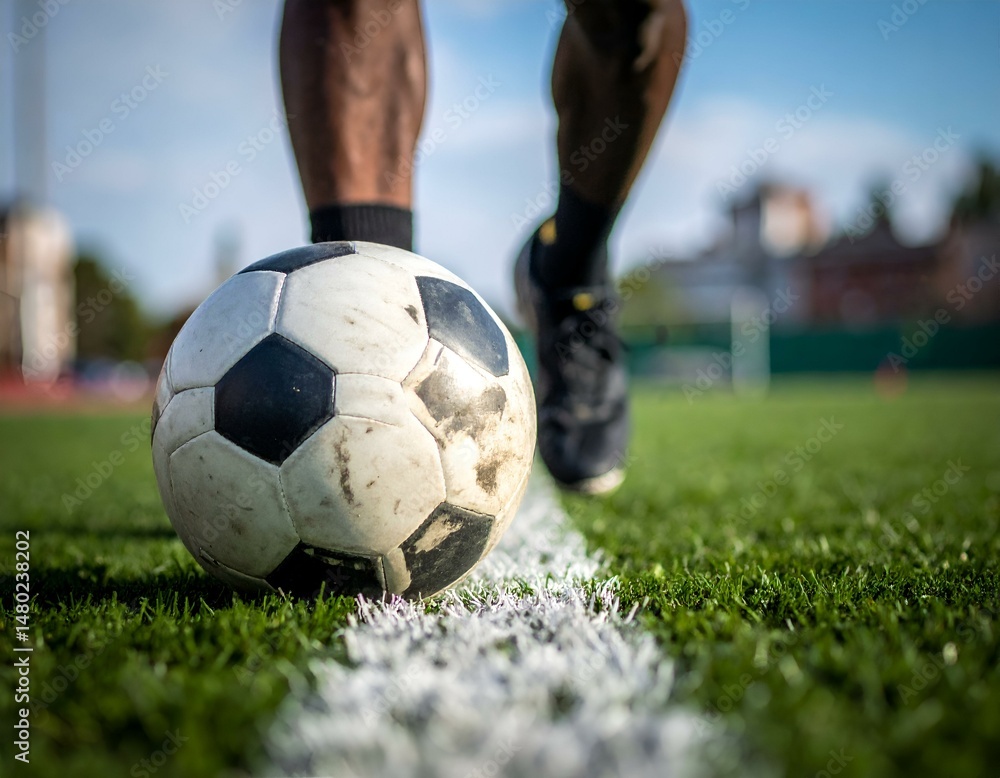 Fototapeta premium Close-up of a soccer player's foot about to kick a worn soccer ball on a green field. Image depicts sports, competition, and athleticism.