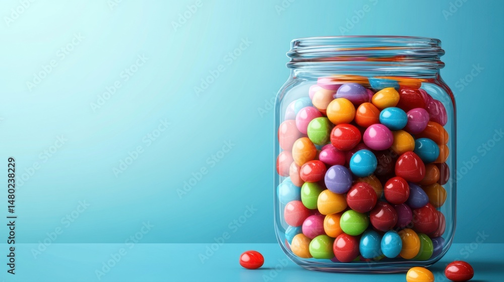 Colorful Candy Jar Filled with Bright Spherical Treats on a Soft Blue Background Colorful Candy Jar Filled with Bright Spherical Treats on a Soft Blue Background