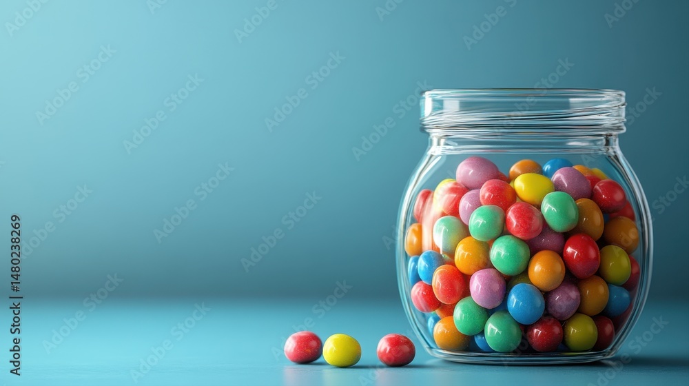 Colorful Candy in Glass Jar on Blue Surface with Bright and Cheerful Vibe for Sweet Treat Inspiration Colorful Candy in Glass Jar on Blue Surface with Bright and Cheerful Vibe for Sweet Treat Inspiration