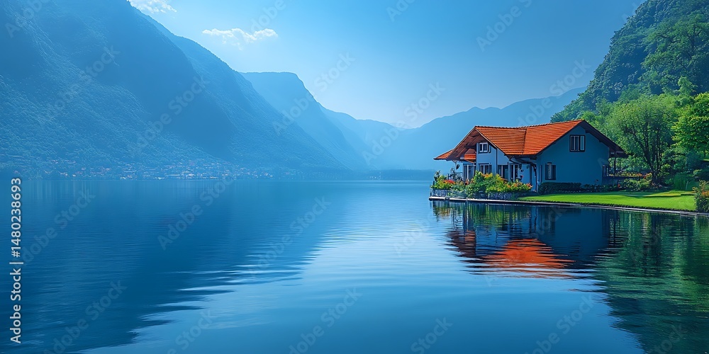 Fototapeta premium Lakeside house, serene reflection
