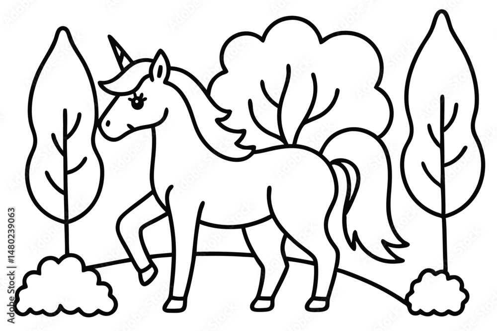 Naklejka premium Smiling unicorn gracefully walks among two trees in a black and white nature scene