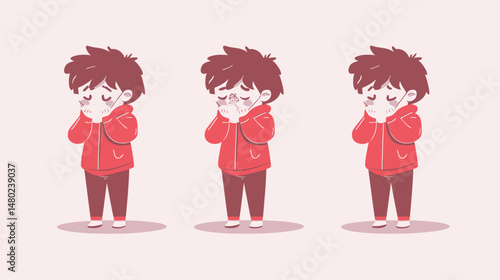Child wearing medical mask coughing and sneezing with respiratory illness symptoms in flat minimalist vector illustration style for flu prevention awareness concept