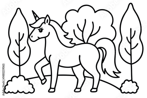 Smiling unicorn gracefully walks among two trees in a black and white nature scene