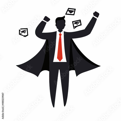 Superhero businessman flying with cape and red tie surrounded by envelope icons email communication concept vector illustration