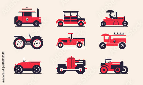 Set of nine flat minimalist vintage fire department vehicles and tractors icons in red and black colors with simple geometric shapes and clean design style for transport and emergency themes